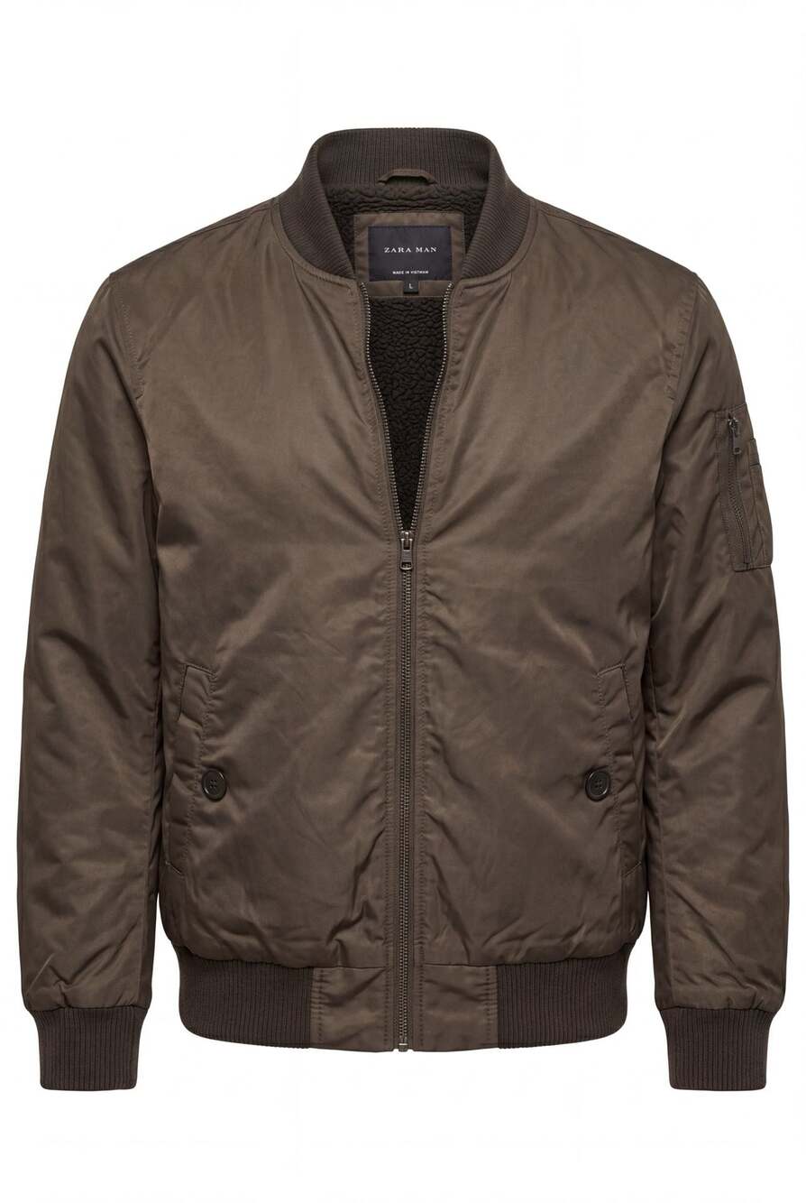 21 Men Olive Green Faux-Sherpa Lined Bomber Jacket #B95